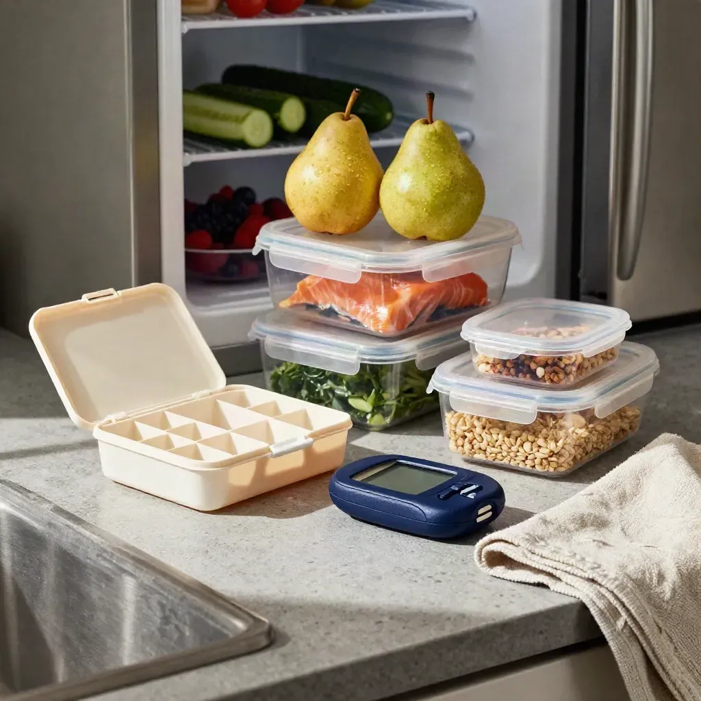 Glucose meter dock, pill sorter, meal containers and chilled produce on a home kitchen counter.