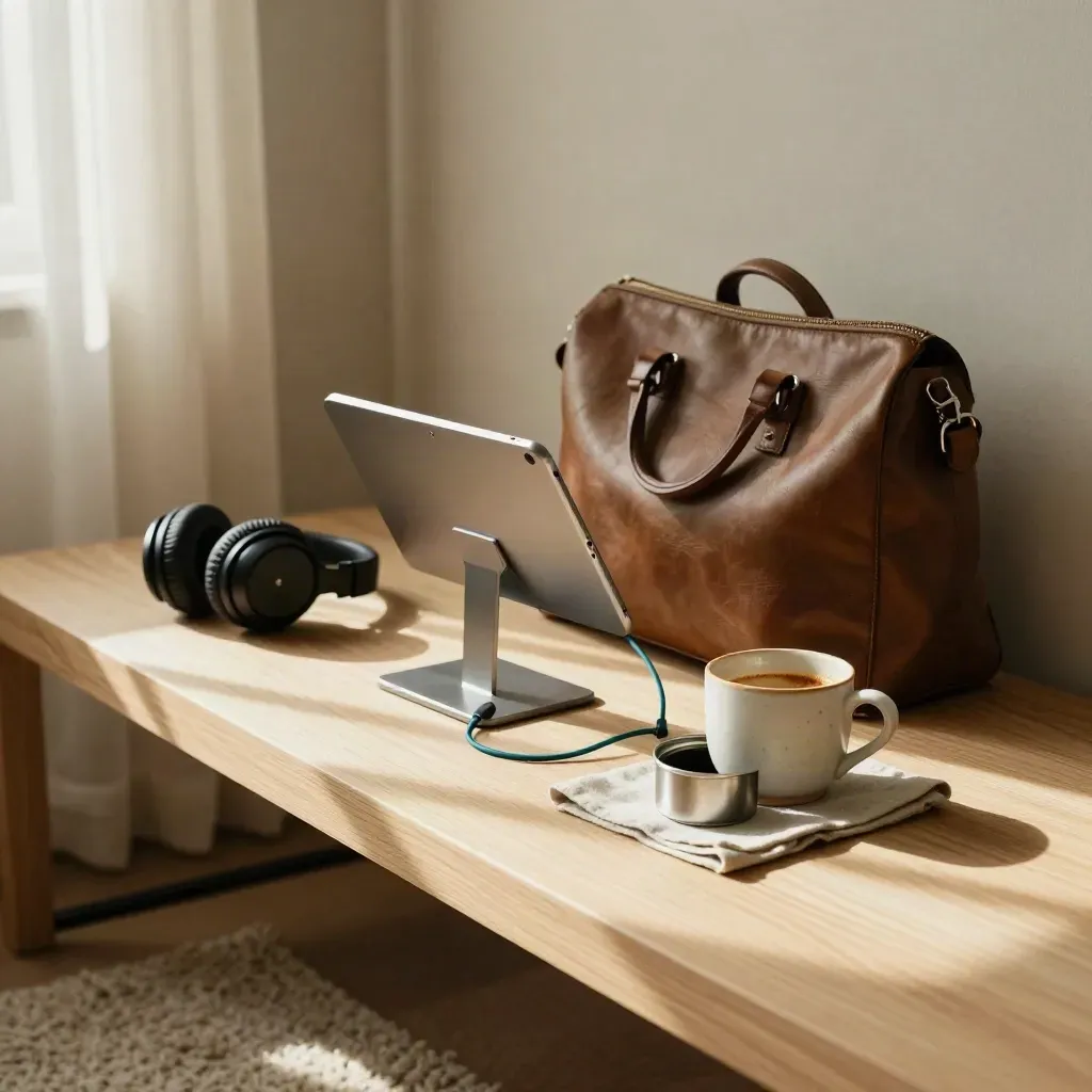 Quiet home work nook with tablet, headset, mug, lunch tin, and office bag by a sunlit window.