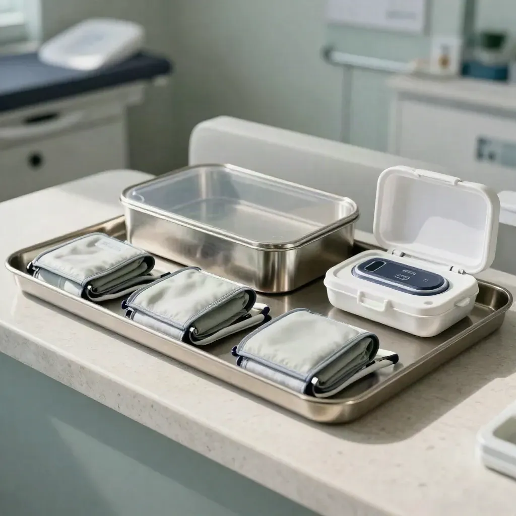 Screening trays, wrapped cuffs, and a follow-up kit on a clinic counter