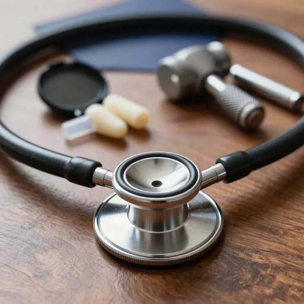 Macro toolkit of stethoscope, otoscope case, reflex hammer, and penlight on walnut.