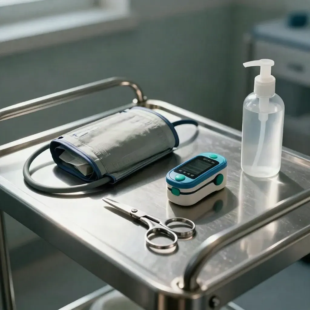 Medical assessment tools on stainless steel, lit dramatically with teal accent.