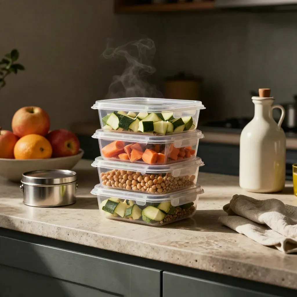 Meal-prep containers, stainless lunch tin, fruit bowl and oil bottle on a kitchen counter.