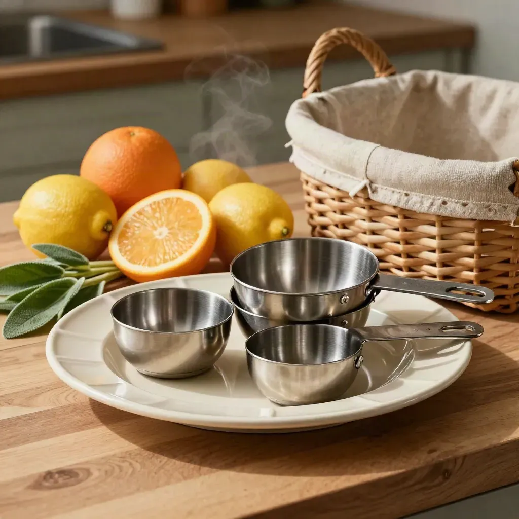 Dietitian nutrition tools and fresh produce clustered in a woven basket beside a portion plate.