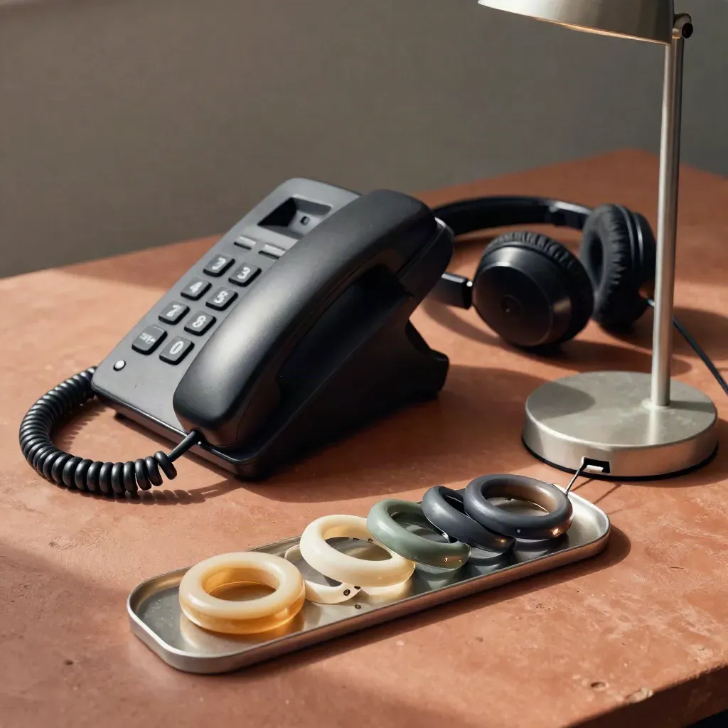 Phone cradle, headset, charging dock, and task rings on a terracotta care-coordination surface.