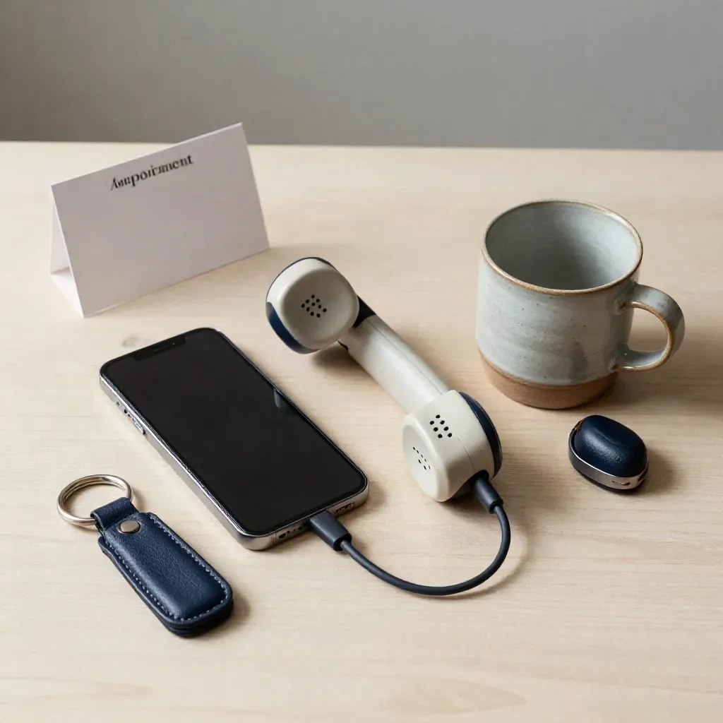 Overhead still life of a smartphone, handset, headset, mug and key fob on pale wood.
