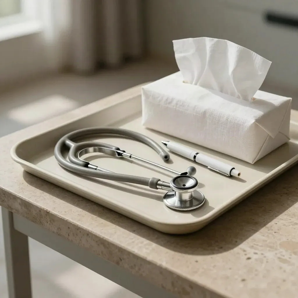 Tray with stethoscope, otoscope, penlight, and tissue box in a calm exam-room corner