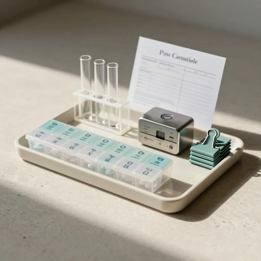 Care-plan flatlay with pill organizer, timer, tube rack and teal clips on limestone.