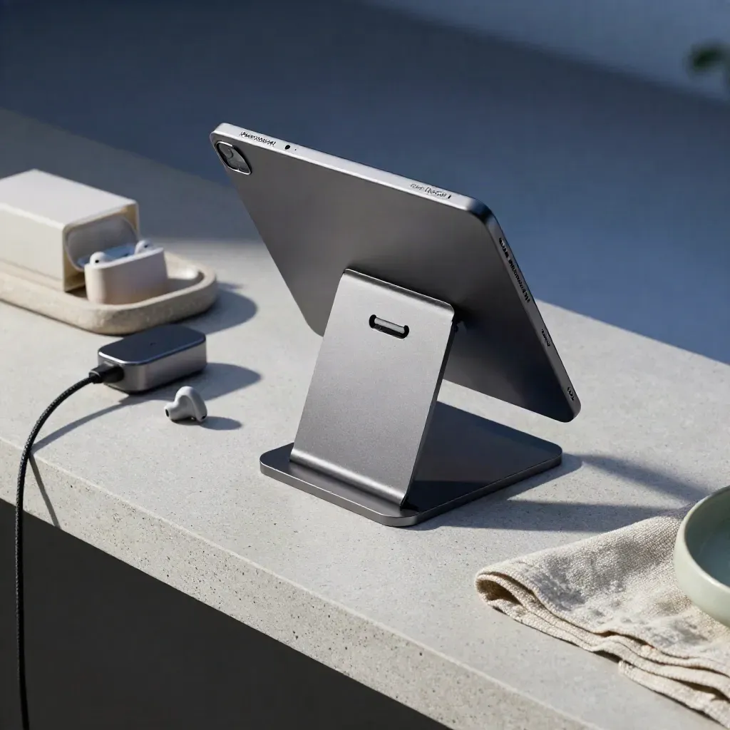 Tablet follow-up station with charger, earbuds and refill box on a stone shelf