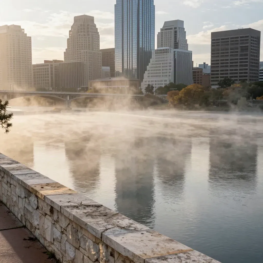 Austin skyline above Lady Bird Lake in golden haze, calm water and limestone bank for copy.