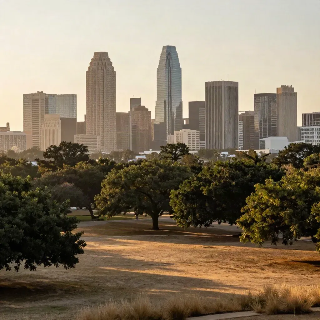 North Dallas skyline over tree-lined parkland at golden hour, calm open foreground for copy