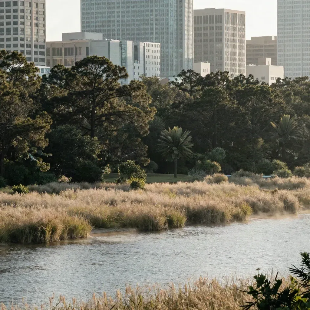 Pine canopy above a misty waterway with distant Houston North buildings at golden hour.