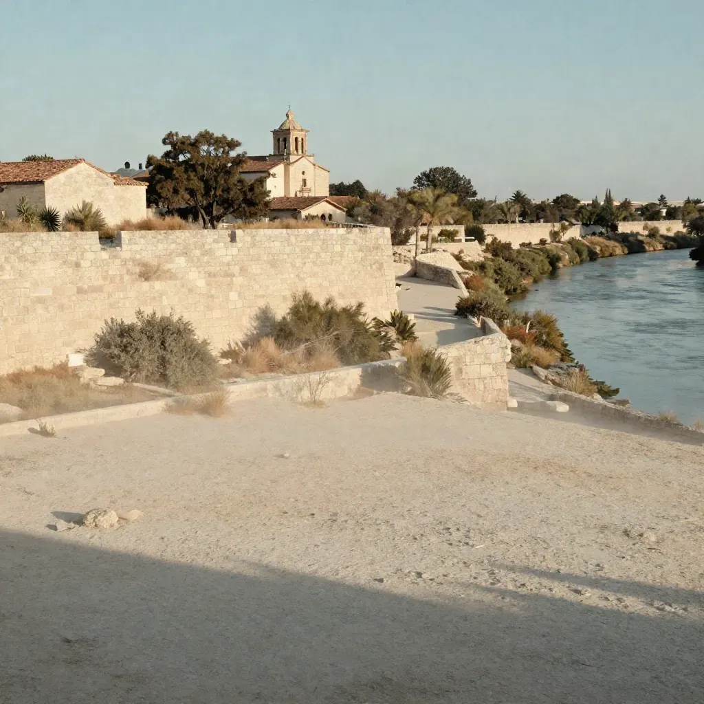 Pale limestone mission and river bend above soft neutral ground for San Antonio area copy.