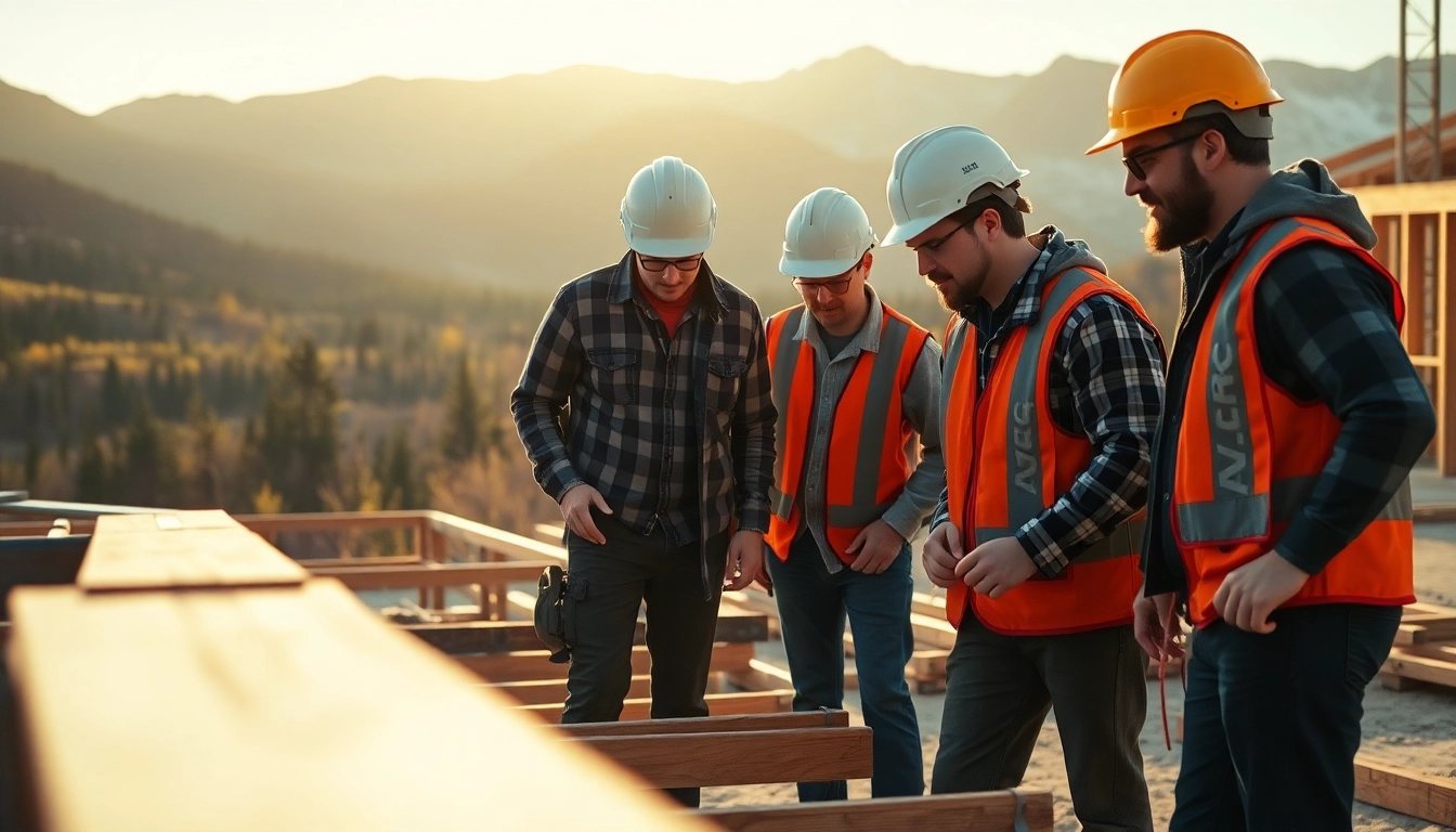 Highlighting prevailing wage Colorado construction workers collaborating on-site amidst a scenic backdrop.