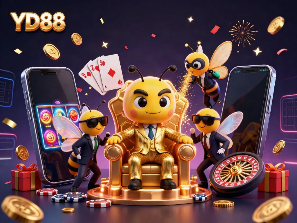 Experience the excitement of YD88 with this vibrant 3D illustration showcasing casino action and colorful slot games.