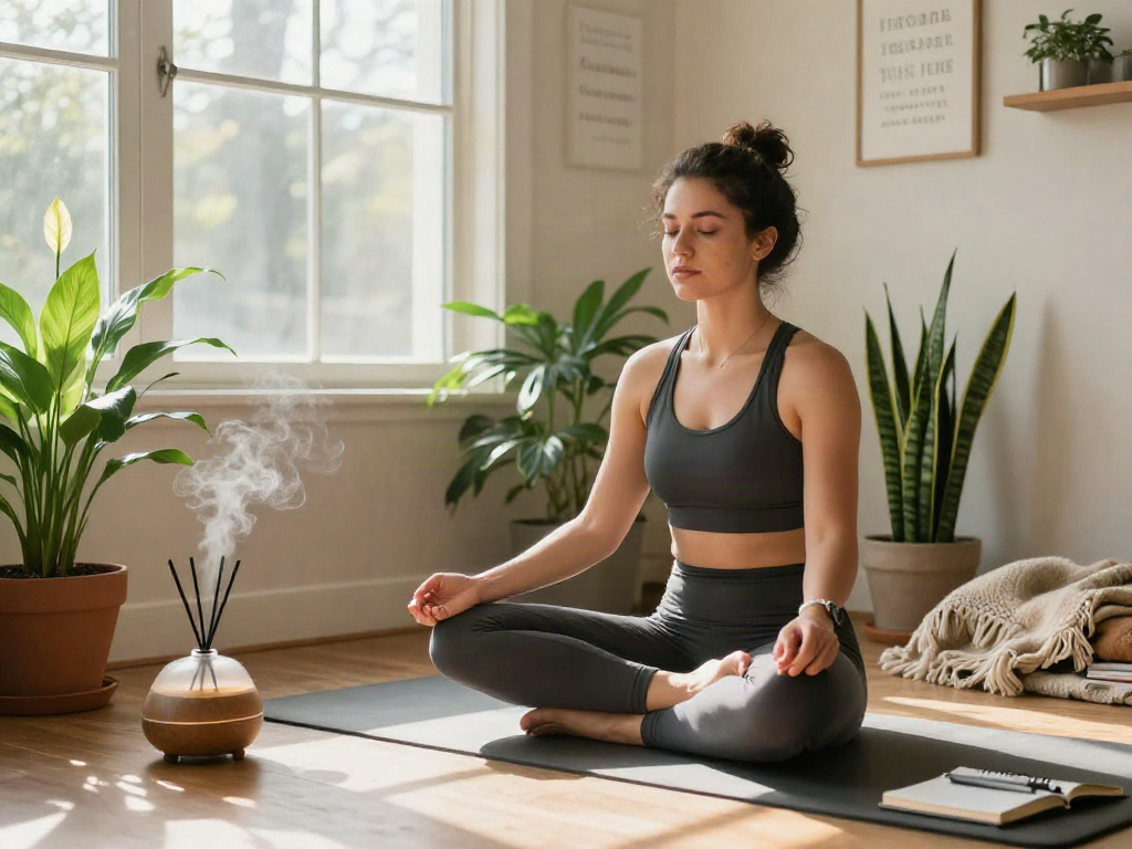 A person practicing bolakami mindfulness meditation in a bright home setting, surrounded by calming plants and sunlight.