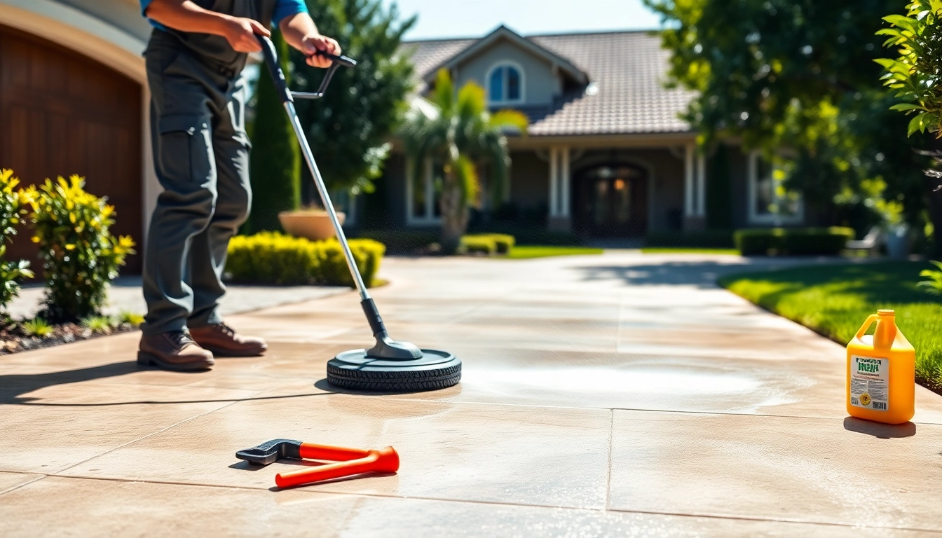 Driveway cleaning in action, showcasing a professional cleaning service revitalizing a concrete surface.