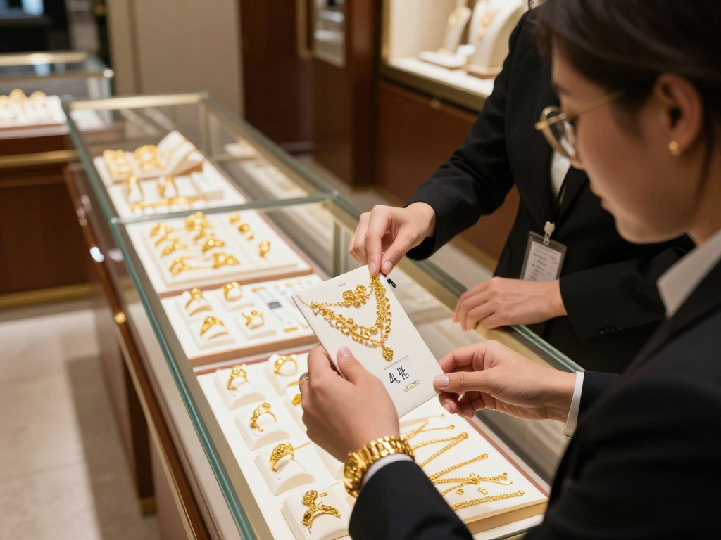 Customer examining 24K gold jewelry while discussing mantra88 login with a professional salesperson in a luxurious jewelry store.