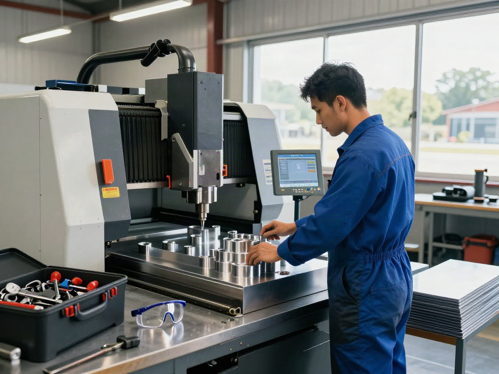 Technician creating custom stainless steel parts in a bright manufacturing workshop.