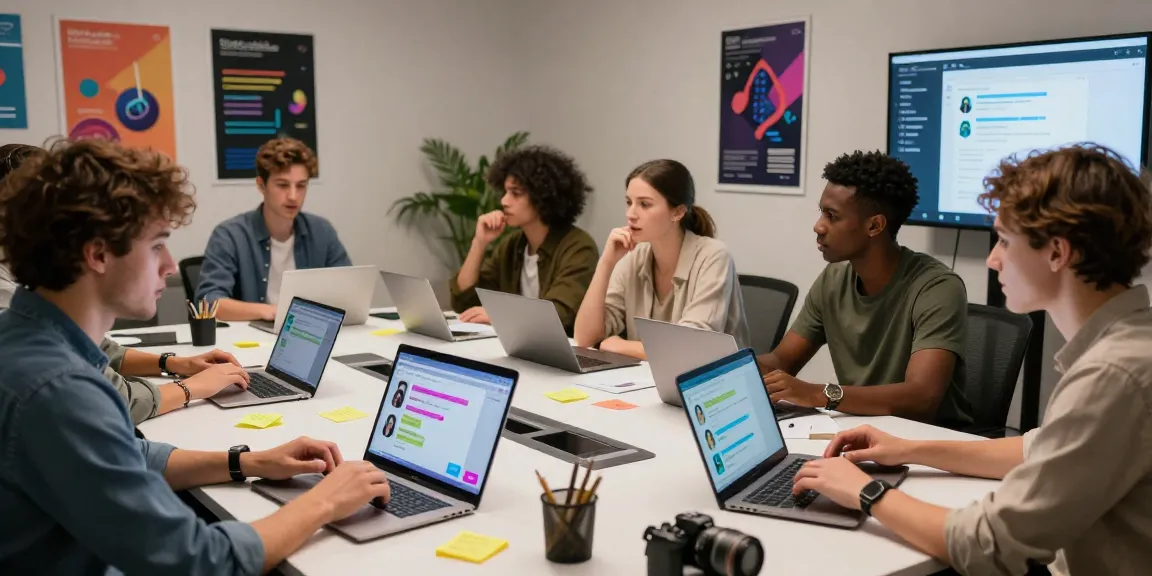 Engaging collaboration scene featuring spicy chat ai on laptops during a brainstorming session