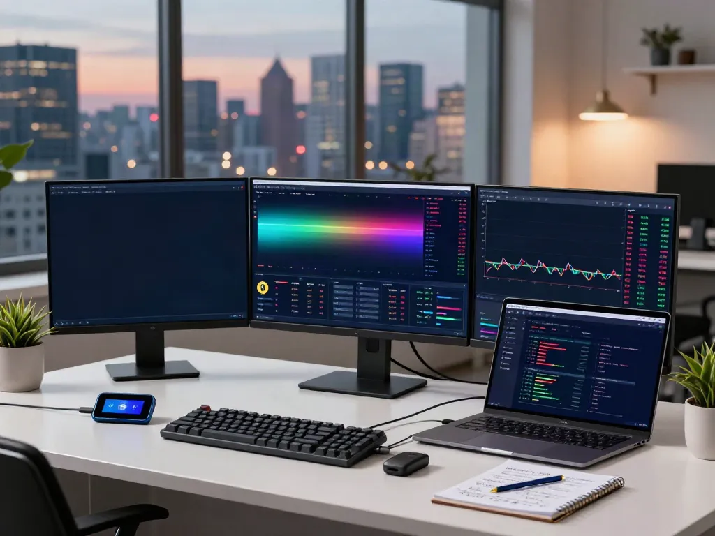 Nikkei 225 real-time API integrated into a high-tech trading setup with multiple screens, showcasing cryptocurrency and blockchain market data.