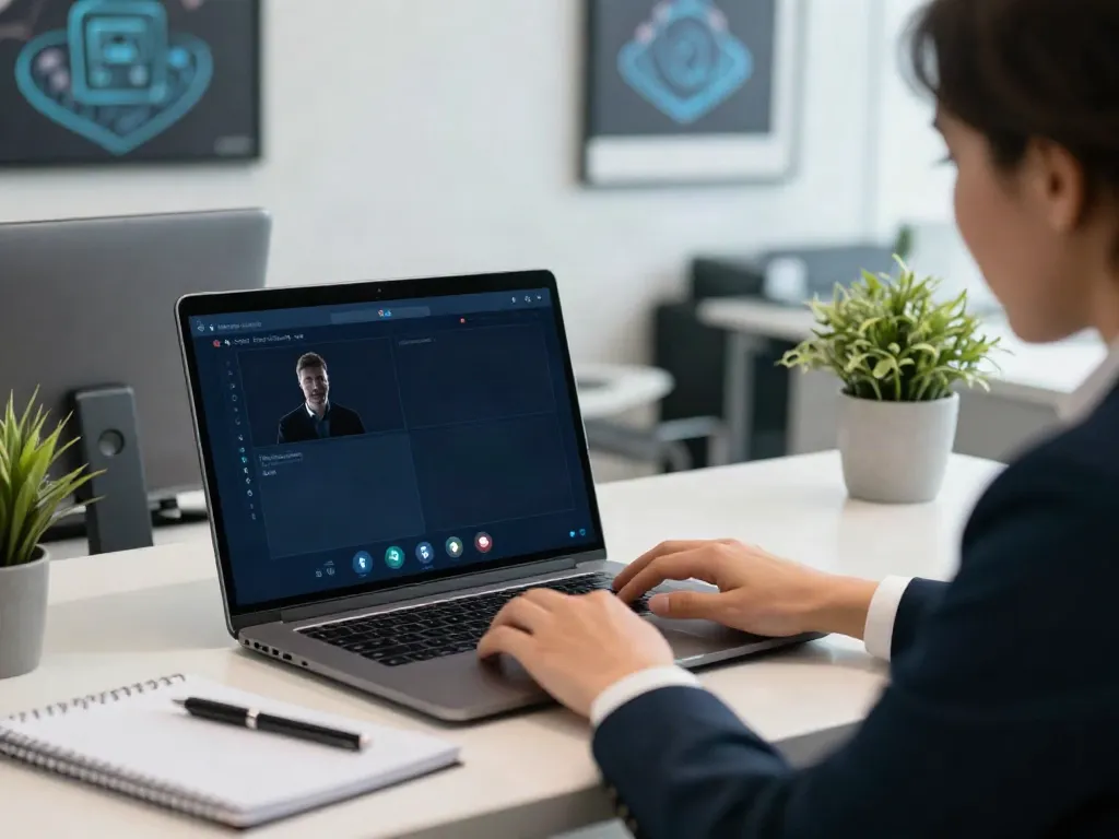 Deepfake protected Online Video Calls depicted through a professional engaged in a secure video call in a modern office