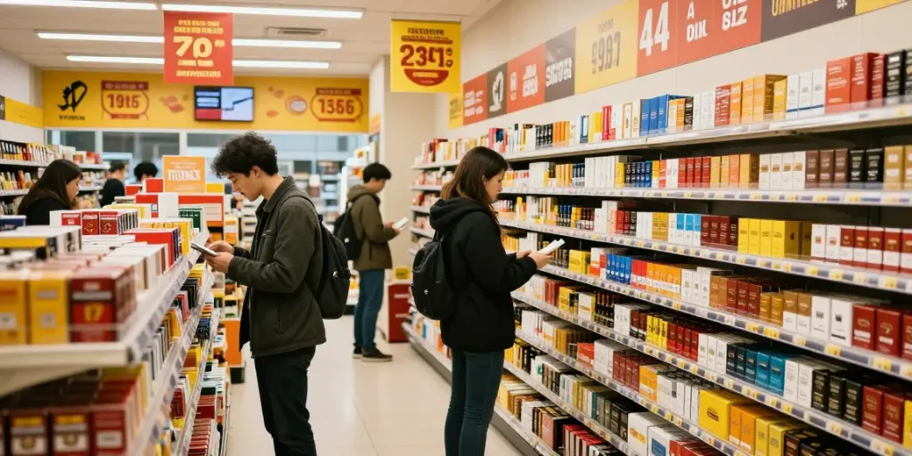 Top smoke cigarettes and tobacco wholesale displayed in a busy urban convenience store.