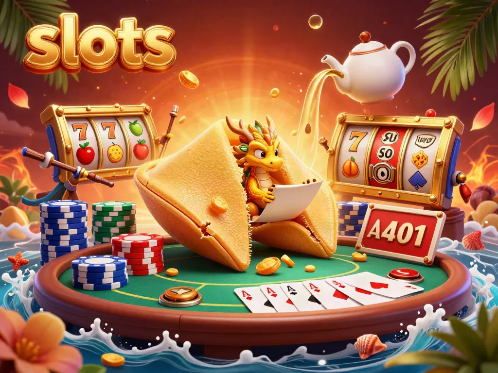 Engage with colorful slots featuring lucky 7s and fruit symbols alongside a dragon and fortune cookie.