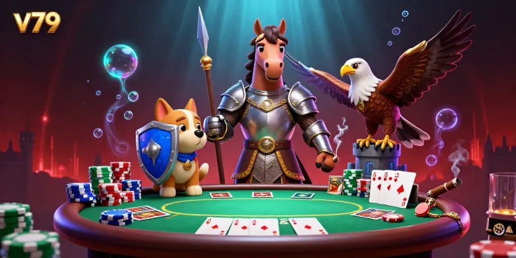 Experience the thrill of V79 as the knight plays poker surrounded by colorful chips and cards.