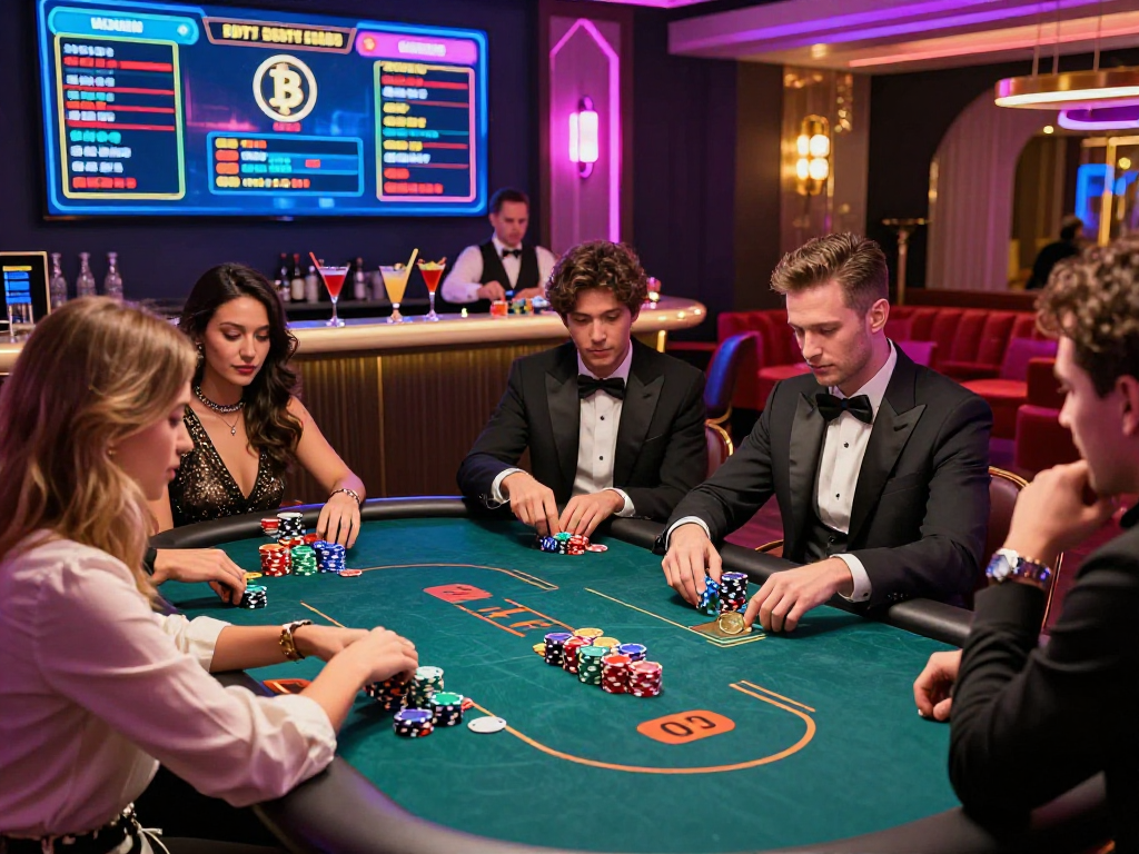 A vibrant crypto casino atmosphere featuring players engaged at a stylish poker table with digital screens displaying cryptocurrency values.