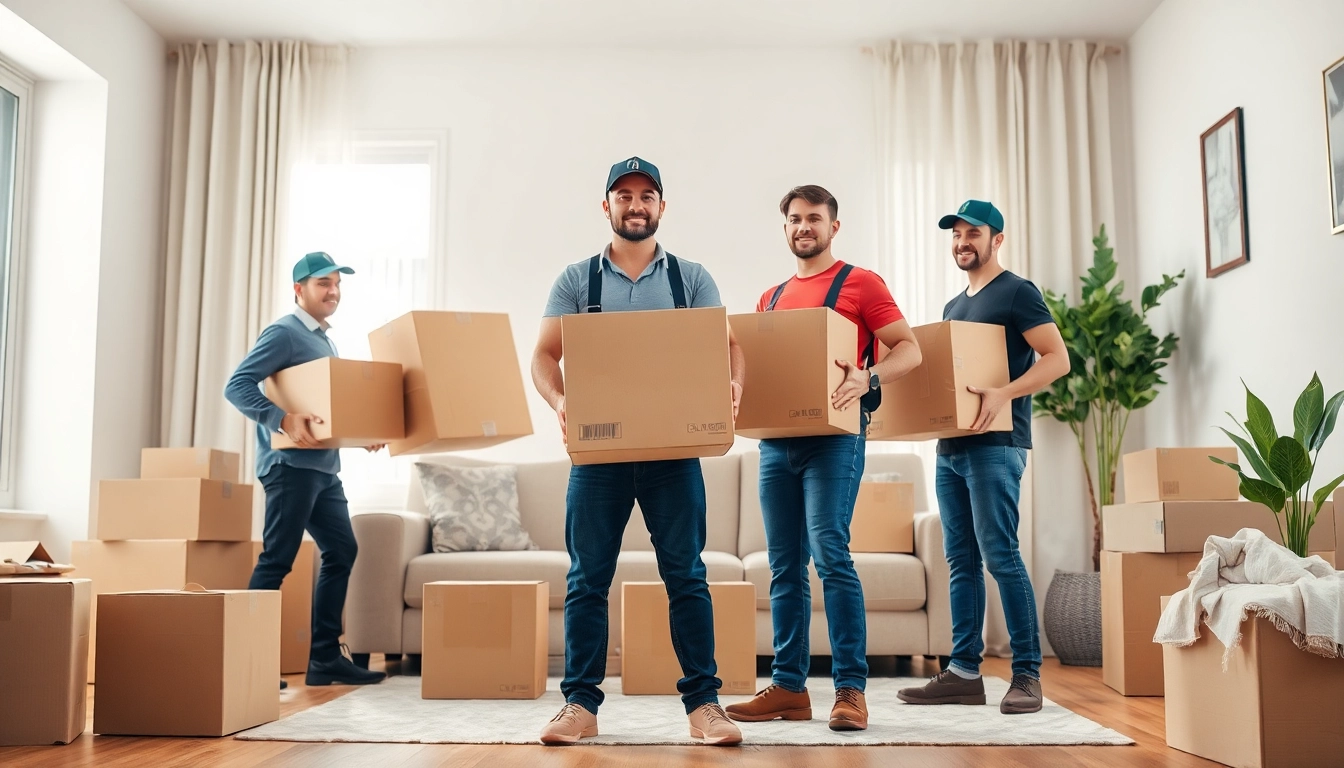 Residential Moving Services showing professional movers organizing furniture in a bright, modern living room.