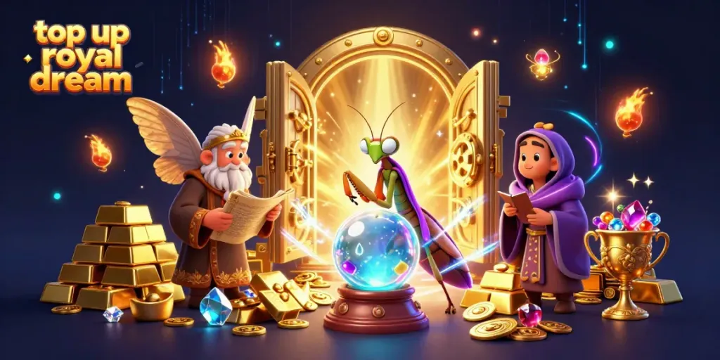 Top up royal dream dengan tiket Lucky Spin dalam ilustrasi kasino magis.