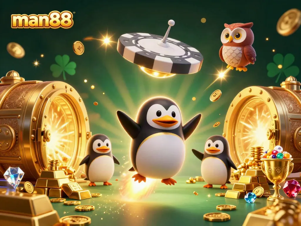 Engage with man88 for thrilling casino adventures featuring a golden penguin and treasure in space.