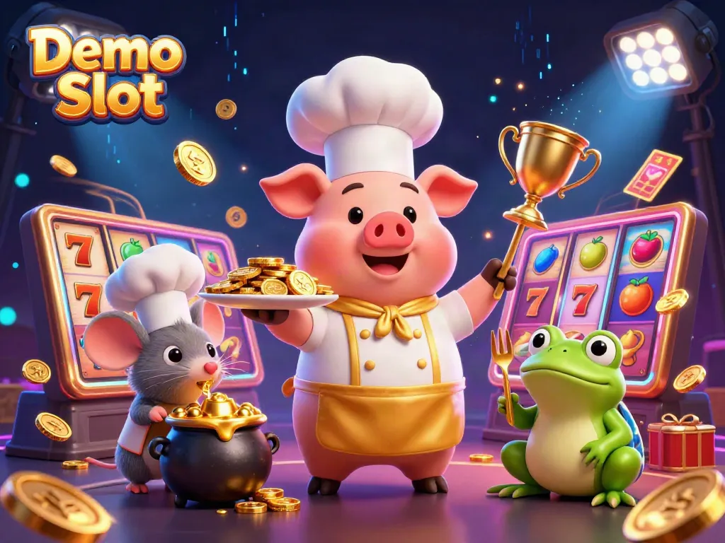 Engage in the excitement of Demo Slot games with a vibrant illustration highlighting slot elements and characters.