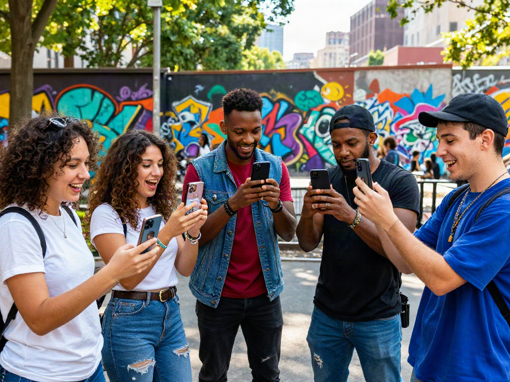 Friends comparing celebrity i look like app results outdoors in a lively city.
