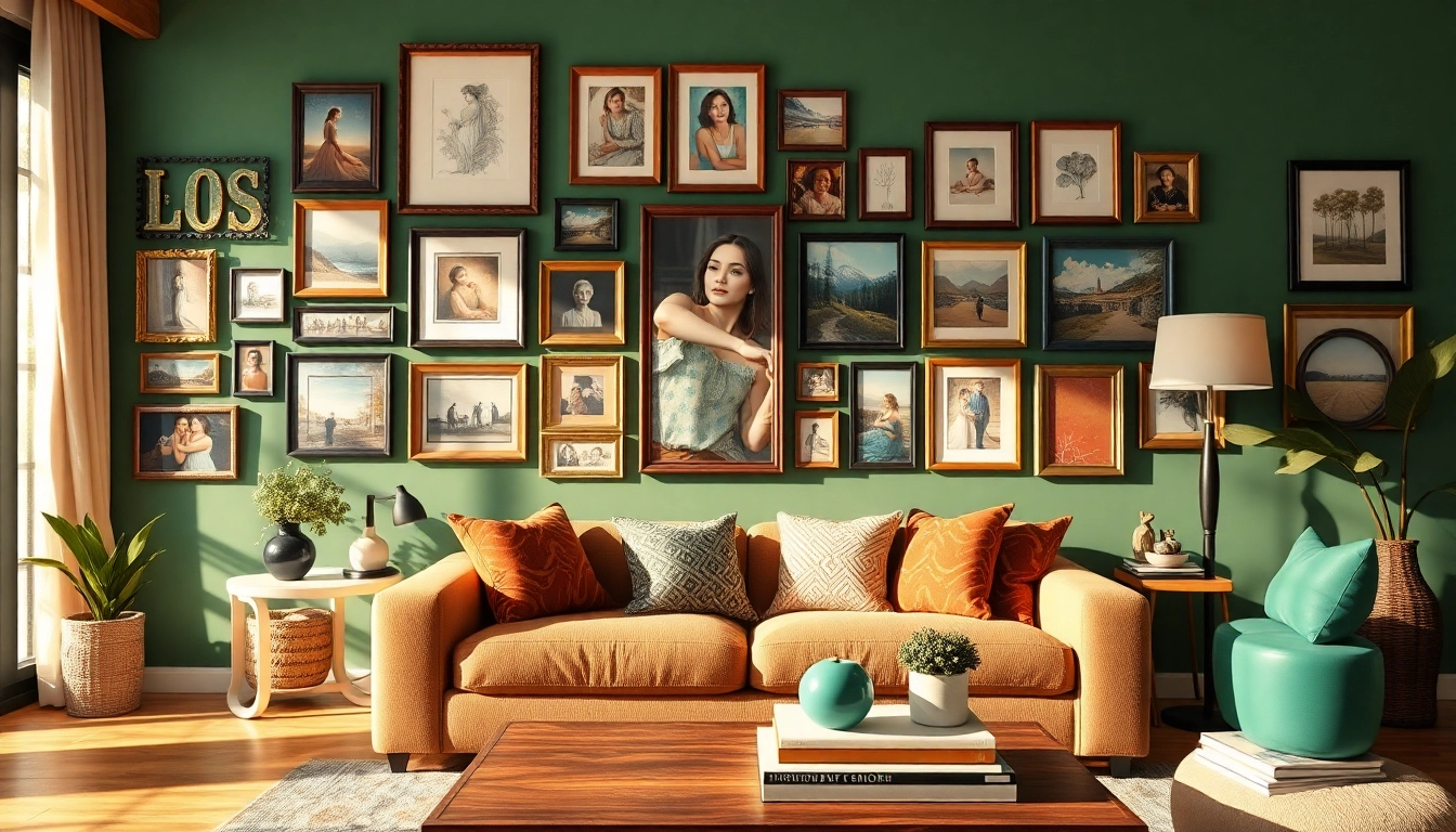 Bright photo wall showcasing a diverse collection of images in a stylish living space.