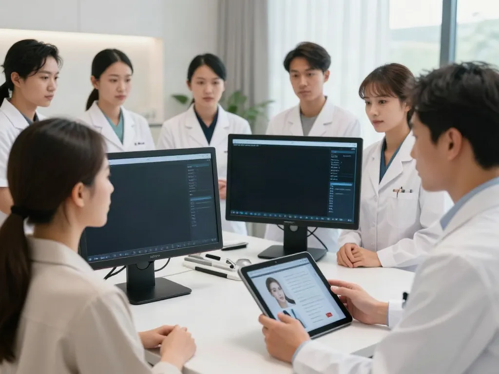 Consultation scene highlighting alternatives to QOVES with aesthetic specialists reviewing facial analysis.