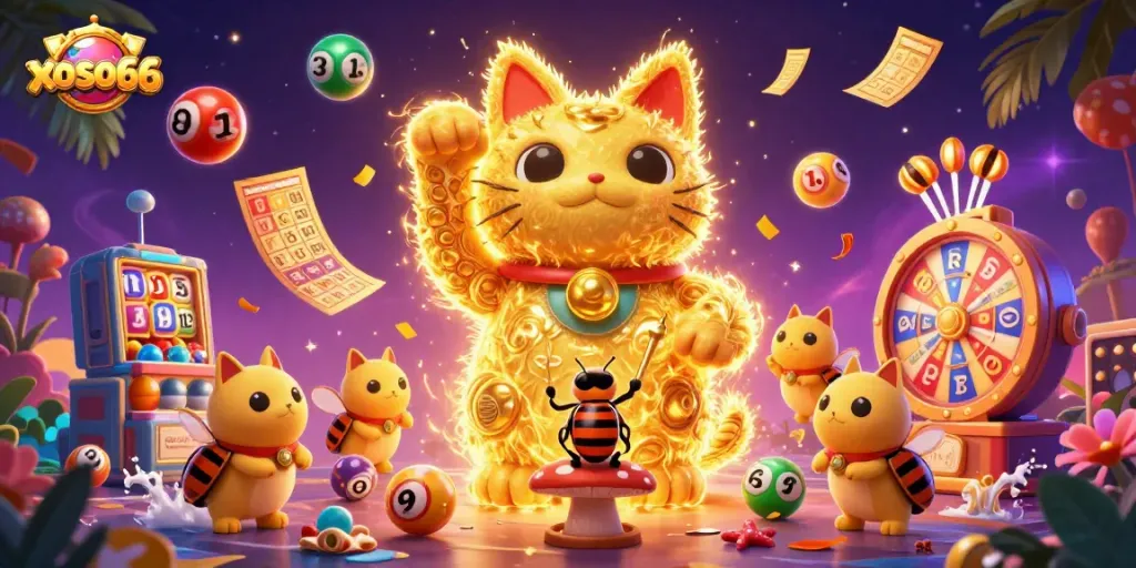 xoso66 brings luck with a playful lucky cat and engaging casino elements, showcasing immersive winning excitement.
