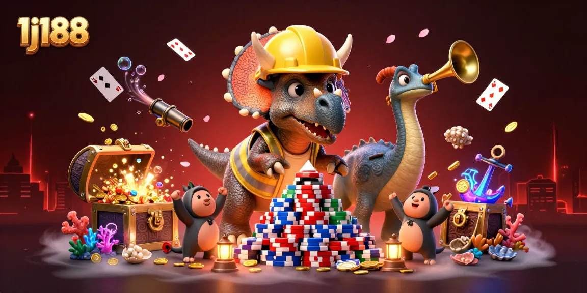 Witness 1j188's vibrant gaming celebration with a triceratops building a poker chip pyramid.