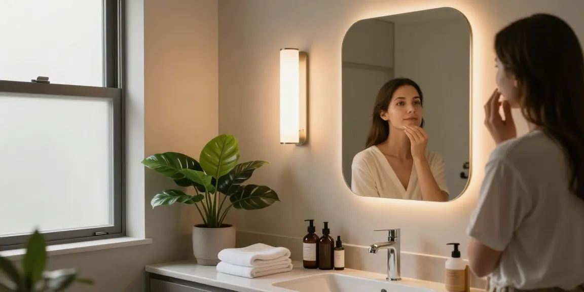 Aplica baie modernă cu iluminare LED în interiorul unei băi elegante, reflectând un ambient cald și primitor.