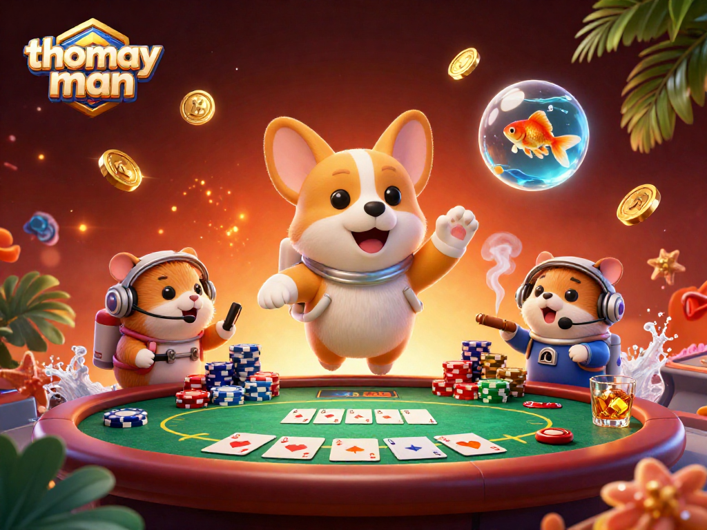 Experience thomayman in a vibrant space casino with floating poker chips and characters.