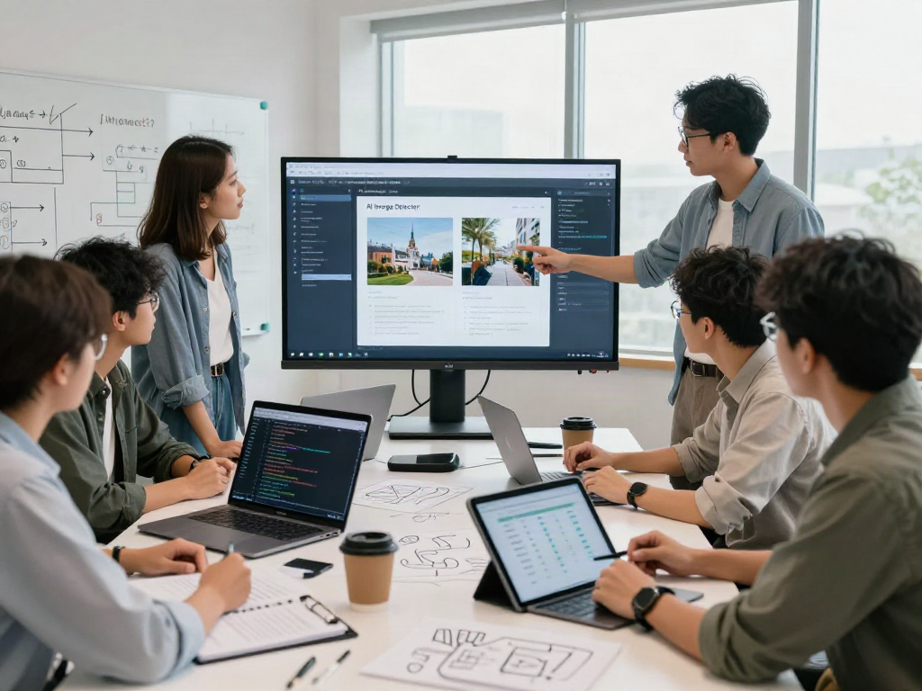 Team collaborating on AI Image Detector project analysis in a modern tech workspace.