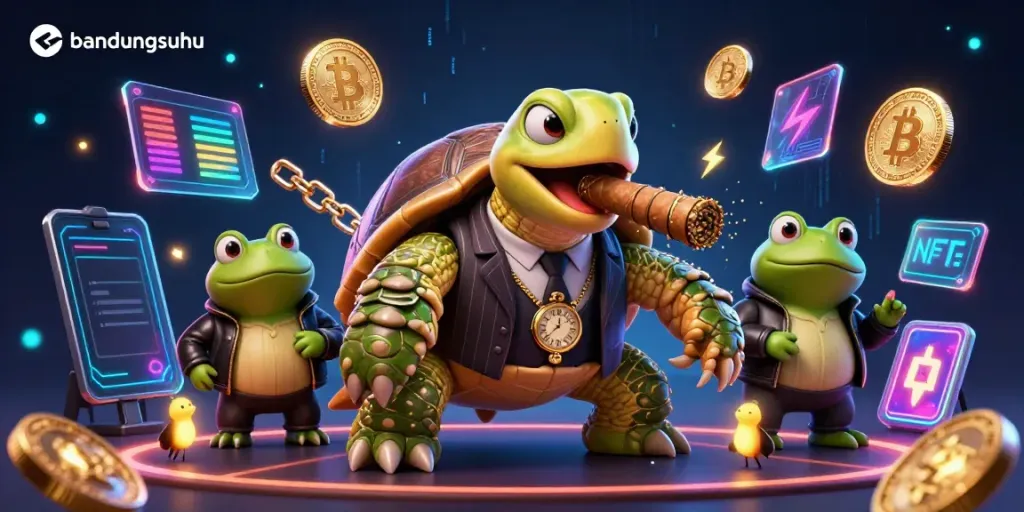 Experience high-stakes gameplay at bandungsuhu with a dynamic casino scene featuring crypto-themed elements.