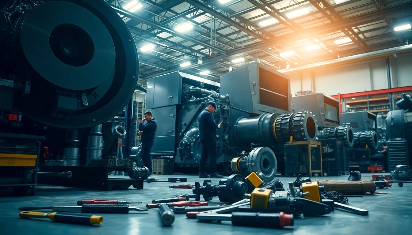 Technicians performing equipment service on heavy machinery in a professional workshop setting.