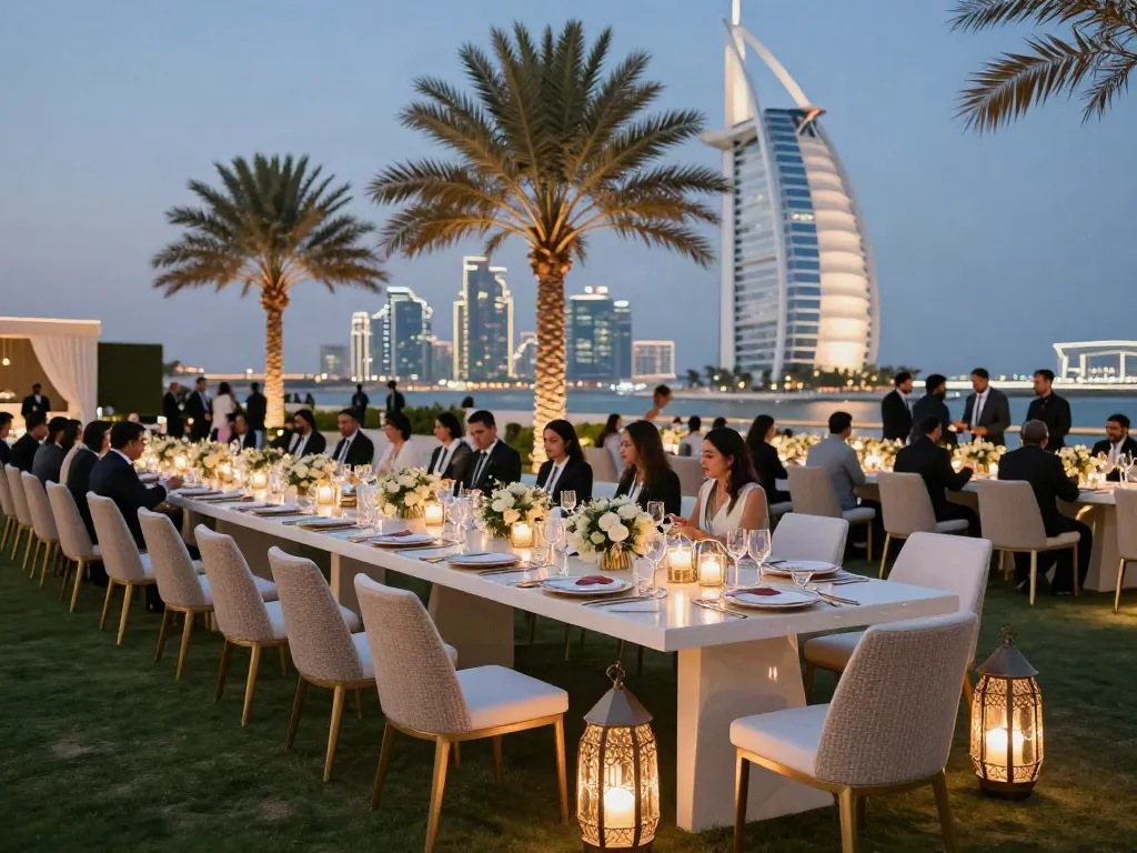 Event furniture rental for a sophisticated outdoor corporate event in Saudi Arabia, showcasing elegant tables and chairs.