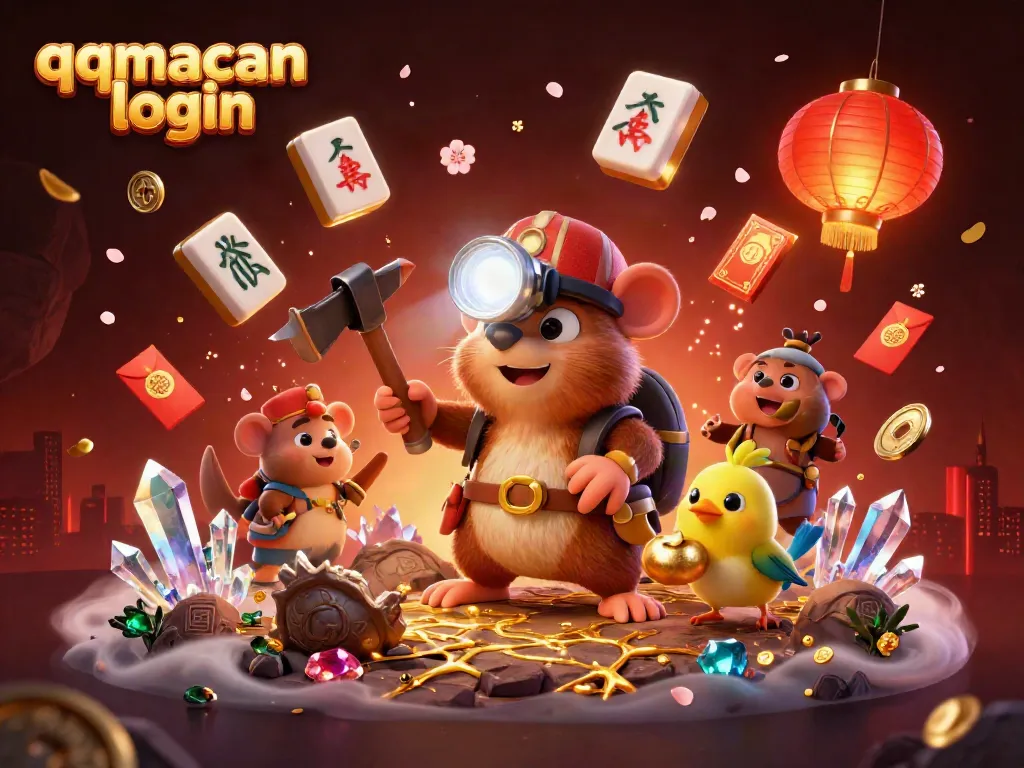 Engage with the vibrant qqmacan login scene featuring a treasure hunter mole and canary amid riches and festive decorations.