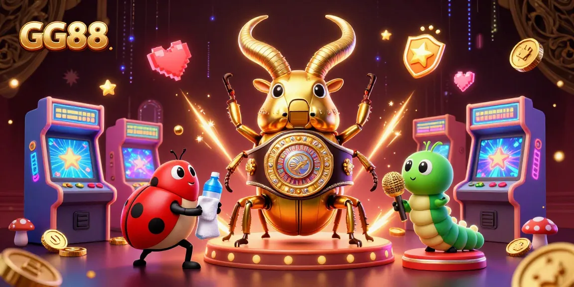 Experience exciting gaming at GG88 with a dazzling illustration of a golden stag beetle champion and vibrant game elements.