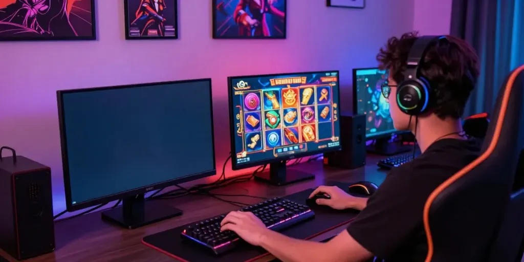 Player enjoying slot gacor thailand on a modern gaming setup with vibrant graphics and ambient lighting.