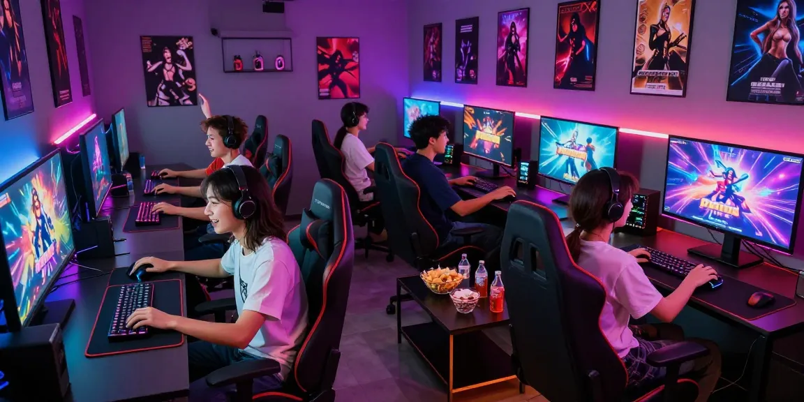 Engaged players enjoying sex games in a lively gaming room with dynamic lighting.