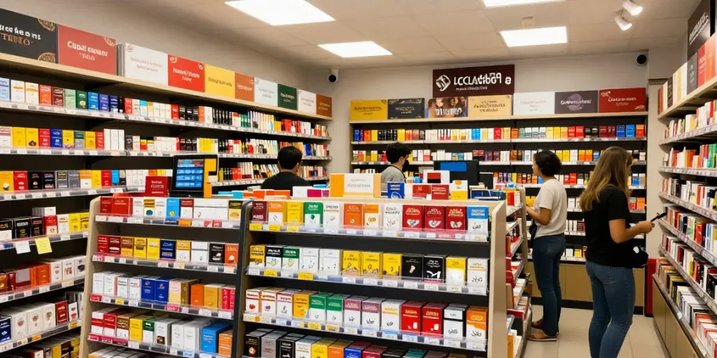 Discovering options to buy cheap cigarette online Australia in a vibrant shop.