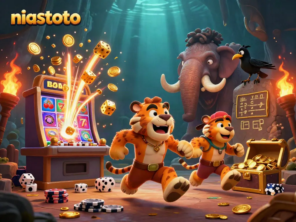 Experience the thrill of niastoto with vibrant illustrations of a prehistoric casino scene.